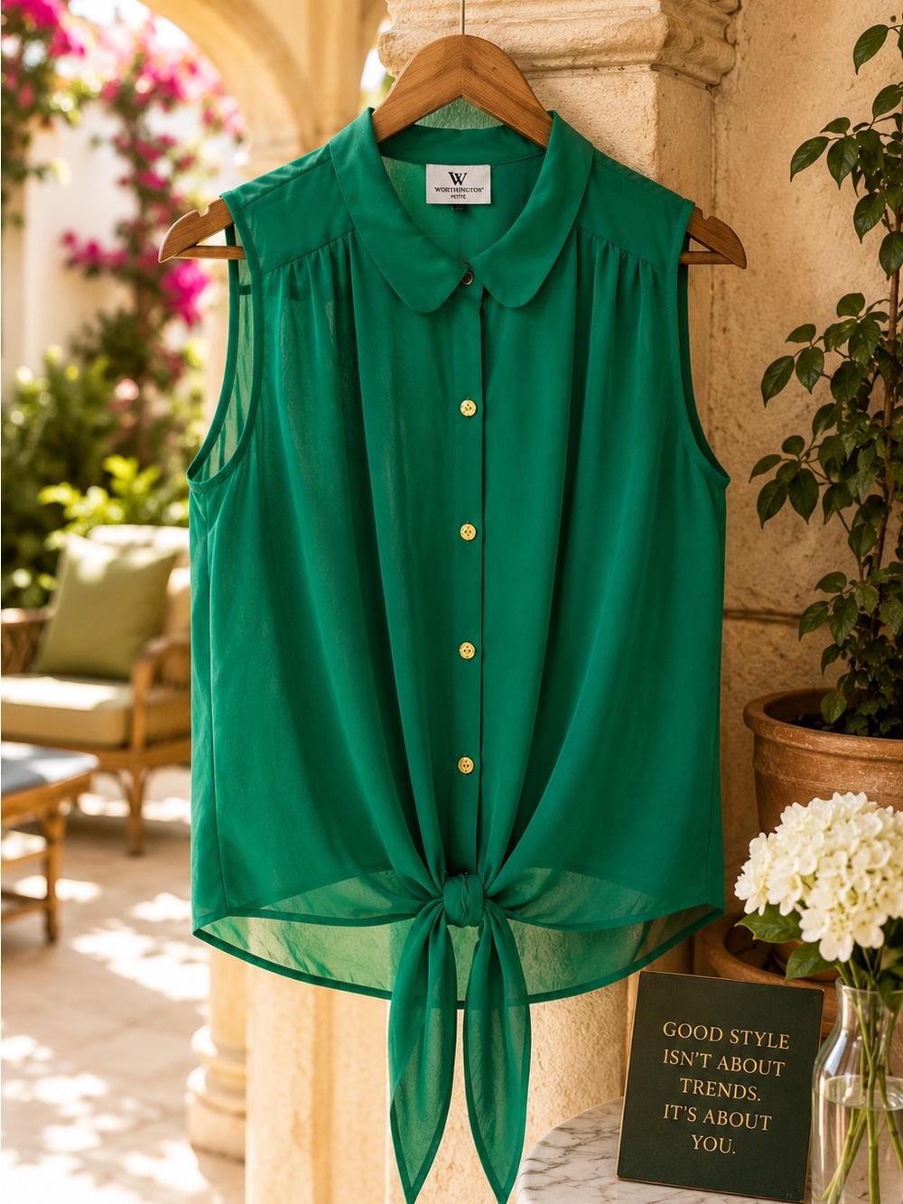 Worthington Sleeveless Tie-Front Blouse in Emerald Green